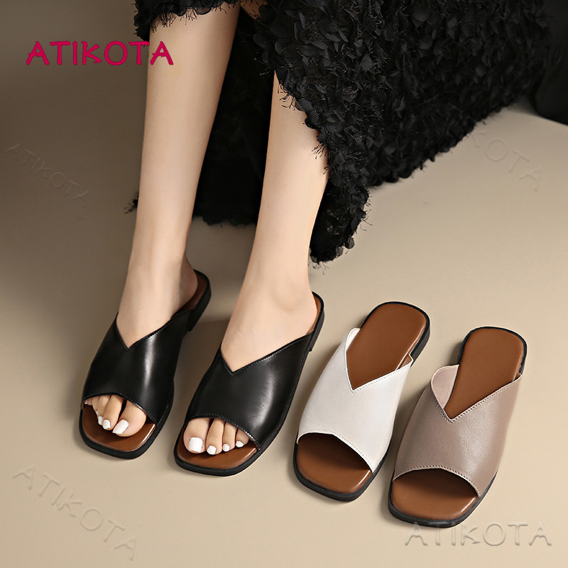 Atikota ติ๊ก ผู้หญิงแฟชั่นรองเท้าแตะแบนสุภาพสตรีเปิดนิ้วเท้าทุกการแข่งขันลื่นสวมทนรองเท้าแตะที่สะดวกสบาย