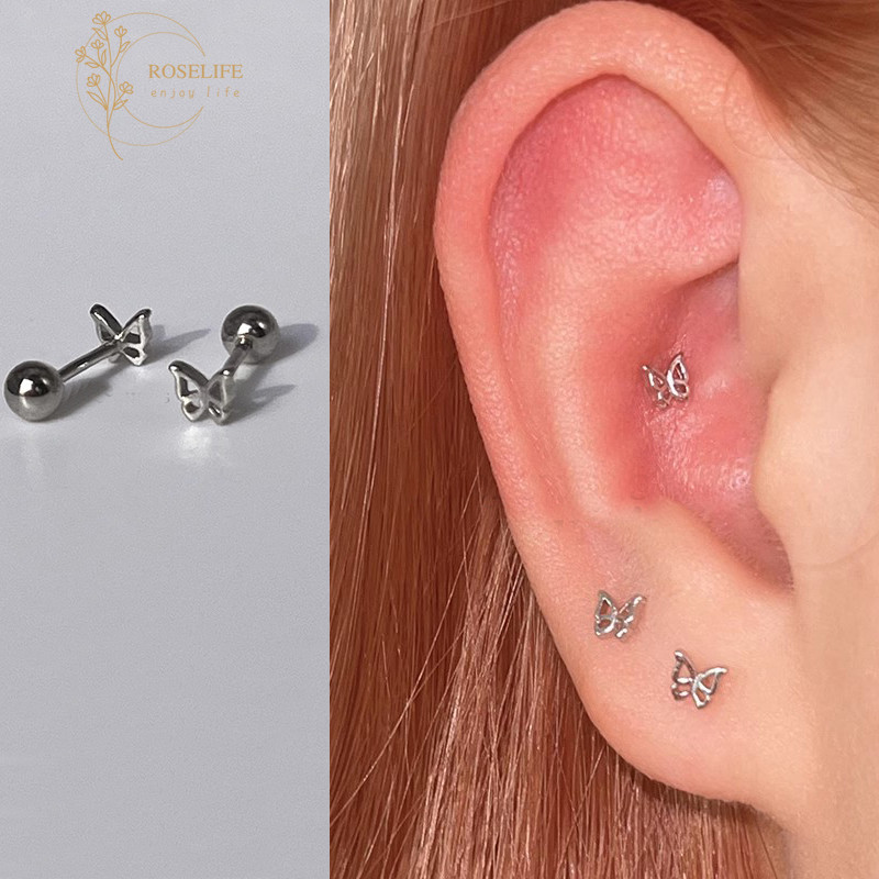 Roselife ที่ละเอียดอ่อน 2 ชิ้นเงินรอบ Ball Hollow ผีเสื้อสกรูต่างหูผู้หญิงหญิง Hypoallergenic หู Studs เครื่องประดับอุปกรณ์เสริม