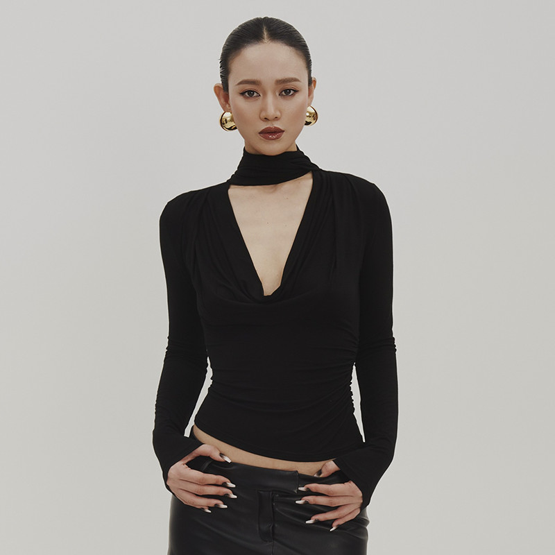 ฤดูใบไม้ร่วงสไตล์ใหม่ Pure Desire สไตล์สาวร้อนสั้นเสื้อยืดแขนยาวผู้หญิง All-Match Slim-fit Slimmer ดู All-Match Design Bottoming เสื้อเสื้อผ้าผู้หญิง