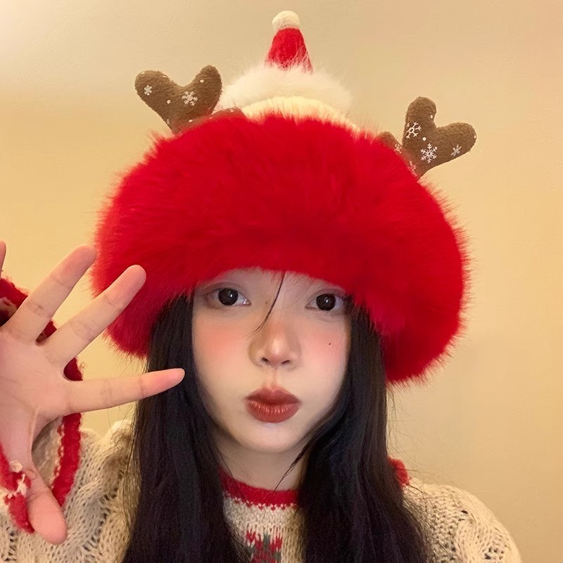 คริสต์มาสเขากวางหมวกหญิงฤดูหนาวสีแดงน่ารักอบอุ่นตุ๊กตาหมวกหนาใบหน้าขนาดเล็กถักหมวกขนสัตว์