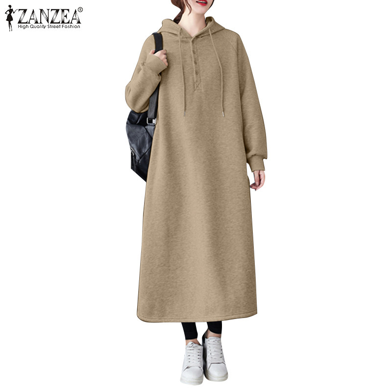 ZANZEA ซานเซีย ชุดเดรสเสื้อฮู้ดคอกลมแขนยาวลําลองเกาหลีสําหรับผู้หญิง