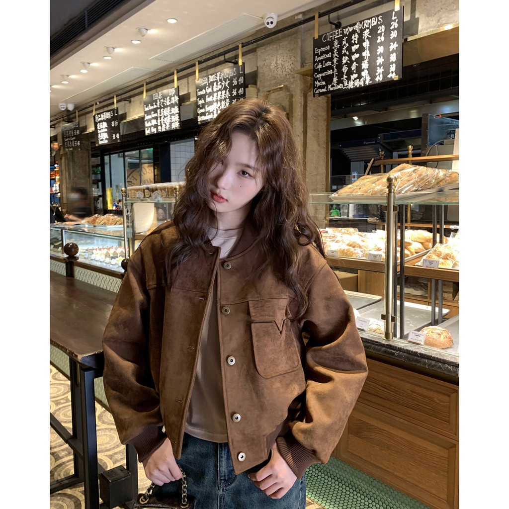 เสื้อแจ็คเก็ตเบสบอลหนังกลับแนววินเทจสไตล์อเมริกันเสื้อแจ็คเก็ตคาร์ดิแกนเสื้อแจ็คเก็ตมอเตอร์ไซค์แบบสั้นสำหรับคนตัวเล็กฤดูใบไม้ผลิและฤดูใบไม้ร่วง
