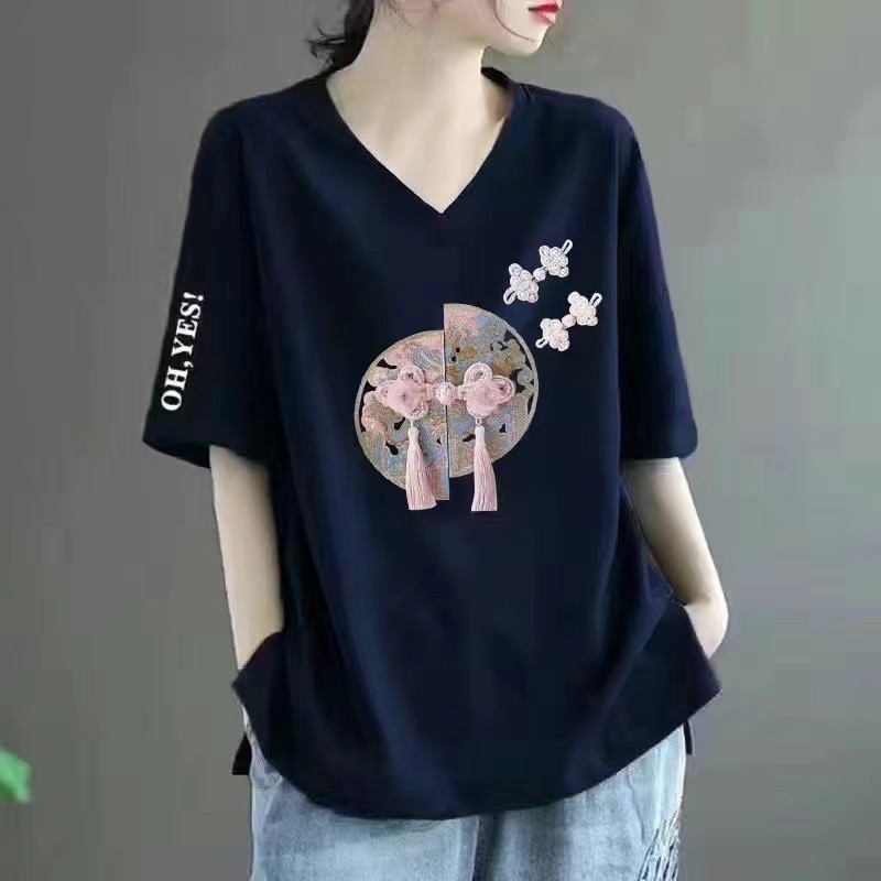 ผ้าฝ้าย 100% ฤดูร้อนสไตล์ใหม่สไตล์จีนพิมพ์เสื้อยืดทุกการแข่งขันหลวมคอวี ผอมลง ดูปกเนื้อแขนสั้นใหม่สไตล์จีนด้านบน 24.10.31