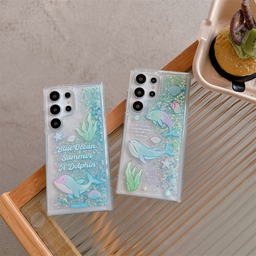 Glow In The Dark Dolphin Patterned Glitter Bling Soft Case สําหรับ Samsung S24 Ultra S23 Plus S21 FE หมายเหตุ 20 ฝาครอบส่องสว่าง Funda
