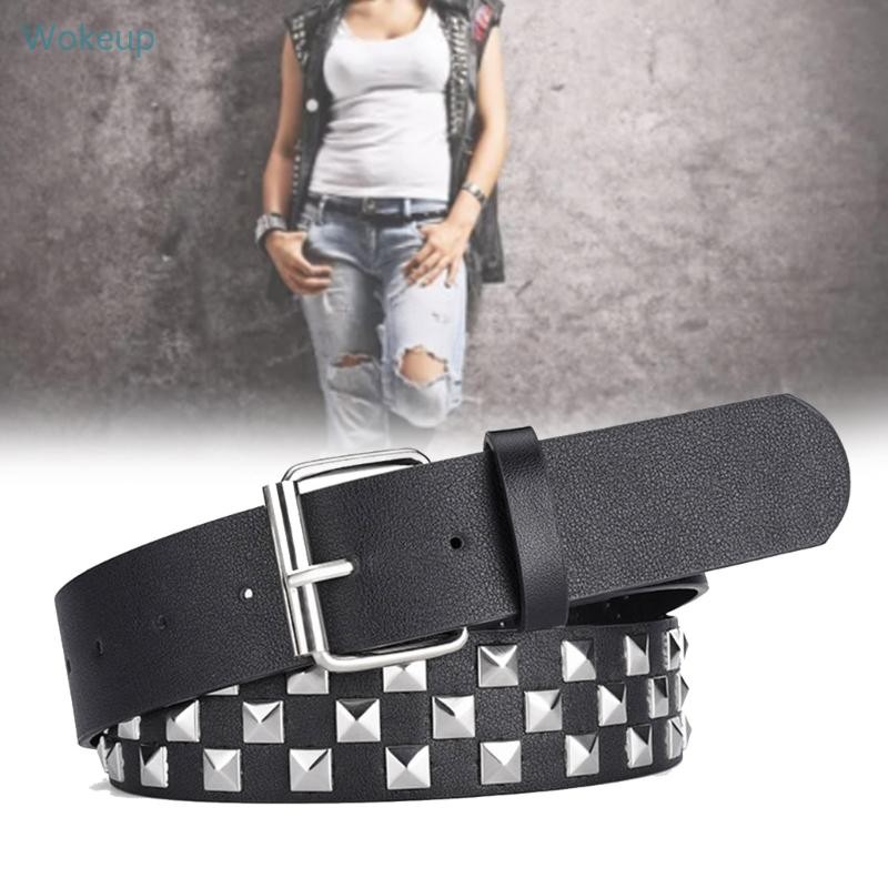 Wake Punk Square Bead Studded Pin Buckle เข็มขัดคาดเอว Checkered เข็มขัดหนัง PU