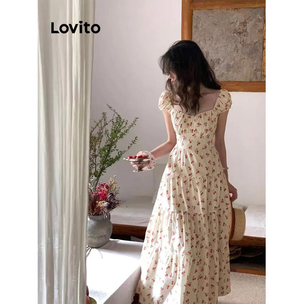 Lovito ชุดเดรสผู้หญิง สีพื้น มีลาย สไตล์ลำลอง LNA68109