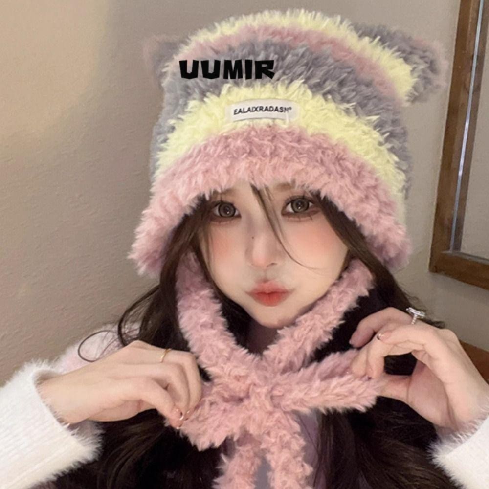 UUMIR หมวกถักสำหรับผู้หญิง,หมวกฤดูหนาวหูแมวกันลม,หมวกป้องกันหูหนาลาย