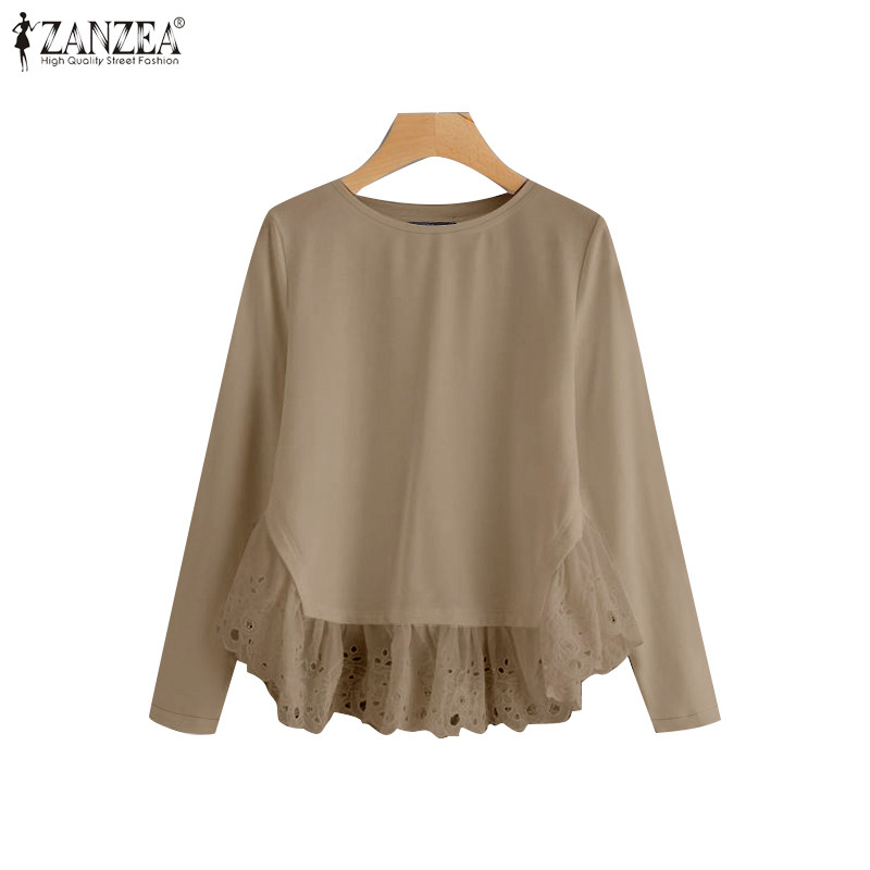 Zanzea ผู้หญิงเกาหลีเรียบง่ายคอลูกเรือแขนยาว Patchwork Hollow เสื้อหลวม