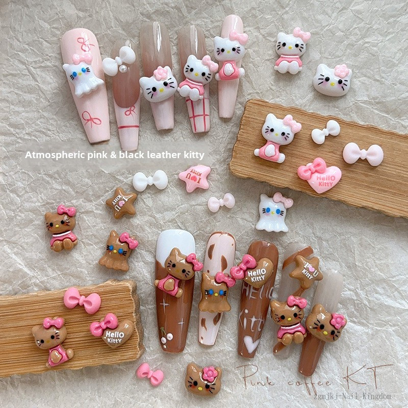 5/50pcs การ์ตูนน่ารักสามมิติสาวสีชมพู KT แมวเล็บอุปกรณ์เสริม / เครื่องประดับเล็บผูกโบว์รูปหัวใจ Hello Kitty / เครื่องประดับเพชรซีรีส์การ์ตูน KT