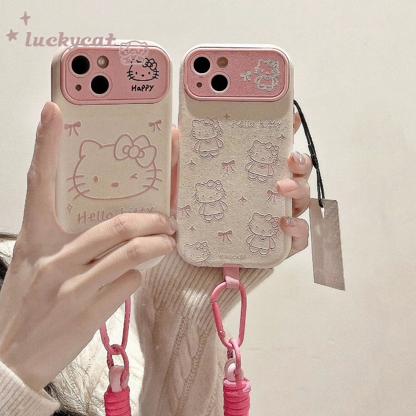 Iphone 16 15 14 13 12 11 Pro Max X Xr Xs Max 7 8 Plus SE2020 เคสโทรศัพท์น่ารักสายสีชมพู Wink KT Cat Soft + Lanyard Cover