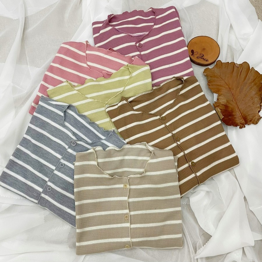 MAUDY STRIPE CARDIGAN/ เกาหลีสไตล์ CROP TOP WAFFLE CARDIGAN