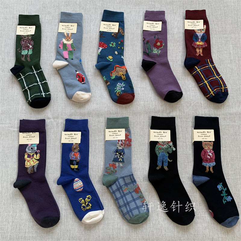เกาหลี socksappeal การ์ตูน Mori Retro ไม่สมมาตรผ้าฝ้ายแท้สไตล์ฝรั่งเศส Niche กลางสูงหลอดถุงเท้าอินเทรนด์ของผู้หญิง Z