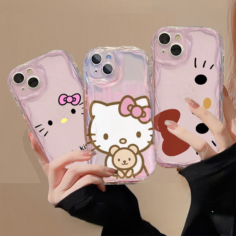 สีชมพูใส Sanrio Hello Kitty น่ารักสําหรับ Samsung Galaxy A15 A55 A54 A35 A14 A23 A24 A34 A52 A53 A32 A13 A22 A25 A04 A04E A52S ฝาครอบครีมขอบหยักกันกระแทก