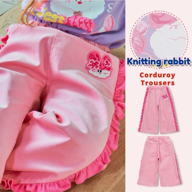กางเกงฤดูใบไม้ร่วงเด็กผู้หญิงเสื้อผ้าเด็กเกาหลีกางเกงผ้าลูกฟูกปักลายกระต่ายสีชมพูสำหรับเด็ก