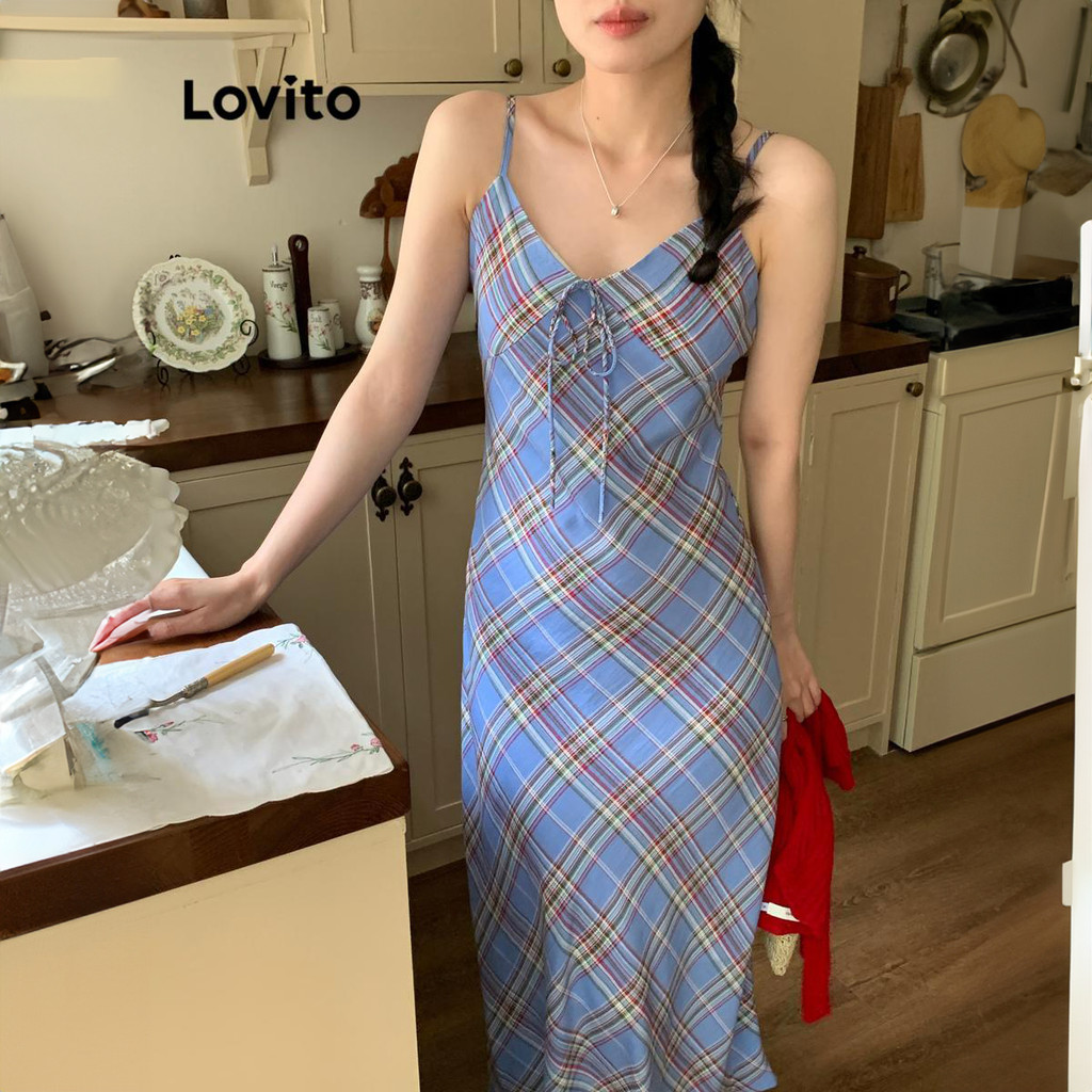 Lovito ชุดเดรสผู้หญิง พิมพ์ลายตาราง สไตล์ลำลอง LNE62456