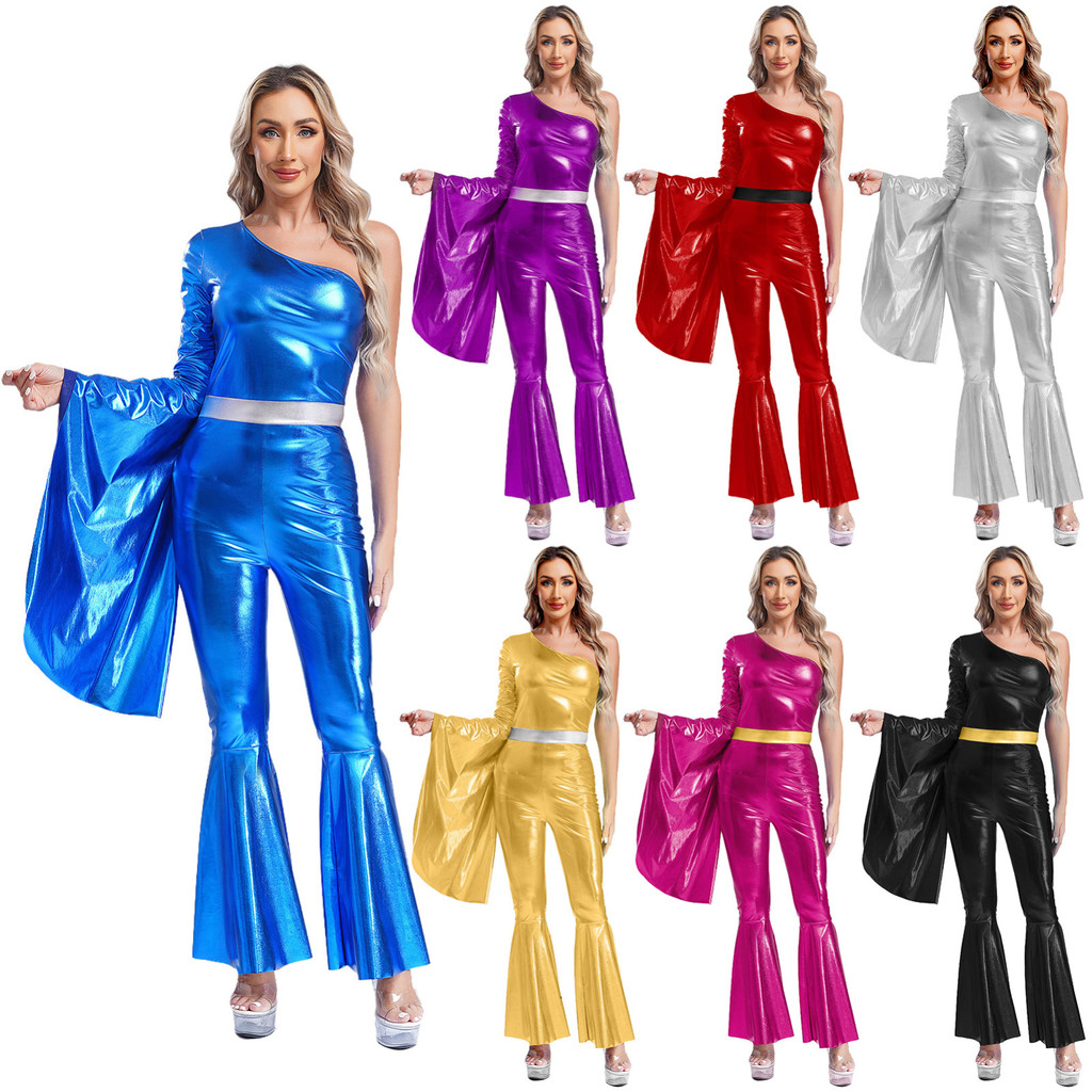 Choomomo ผู้หญิง 70s Disco Dance เครื่องแต่งกายหนึ่งไหล่เดี่ยวแขนยาว Bodysuit Flared Bell โลหะเงา Funky Dancewear