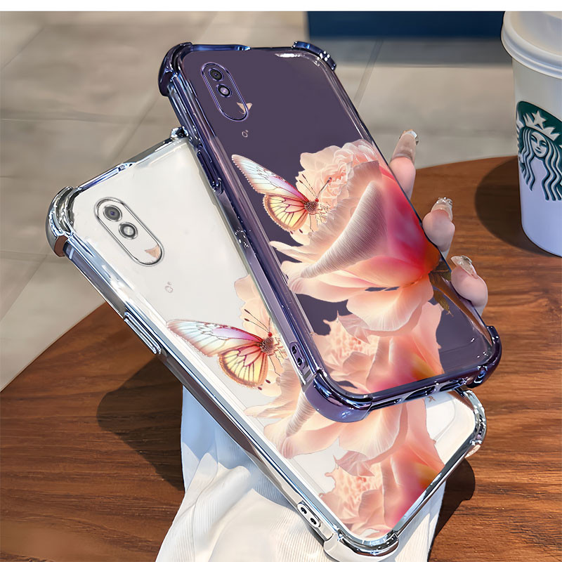 กันกระแทก case Redmi 9A เคสโทรศัพท์ TPU ผีเสื้อลายดอกกุหลาบเคสโทรศัพท์พรีเมี่ยมโปร่งใส