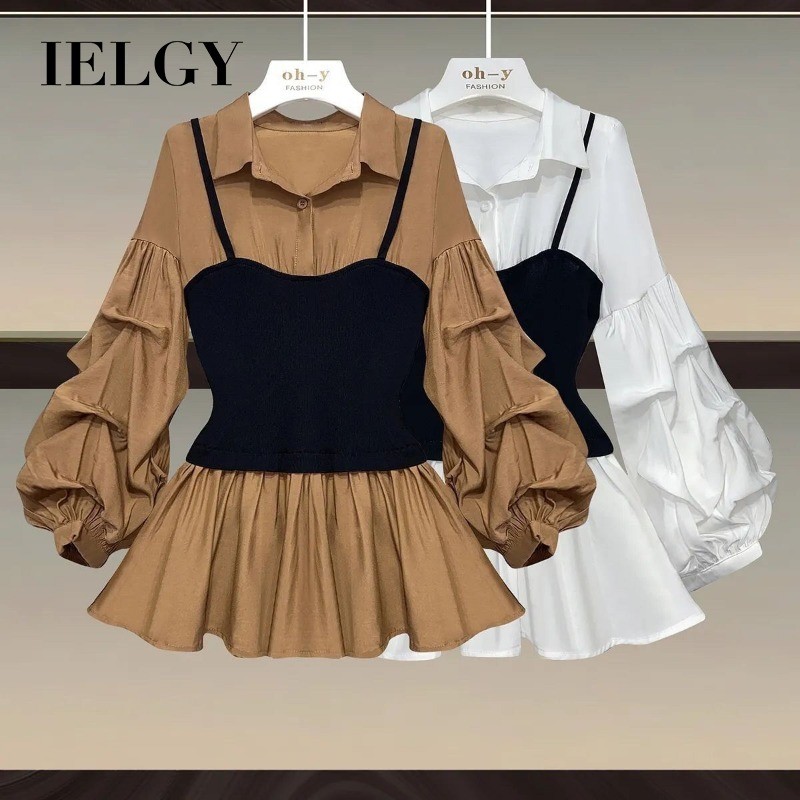 IELGY เสื้อเชิ้ตผู้หญิงเอวบางและเย็บปะติดปะต่อกันสไตล์เกาหลีเสื้อลําลองด้านบน