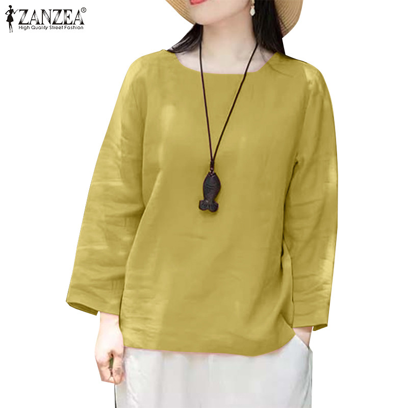 Zanzea เสื้อเบลาส์คอกลมแขนยาวลําลองสไตล์เกาหลีสําหรับผู้หญิง