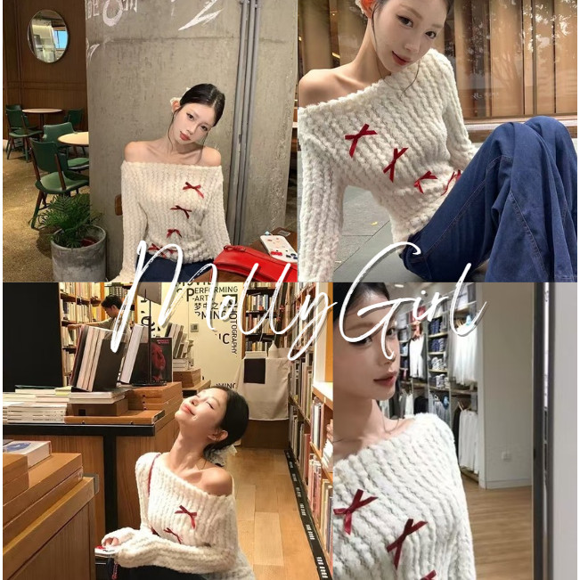 mollygirl.shop ท็อปส์ซูเซ็กซี่สไตล์เกาหลีสำหรับสาวร้อนเสื้อผ้าผู้หญิงแขนยาวปิดไหล่