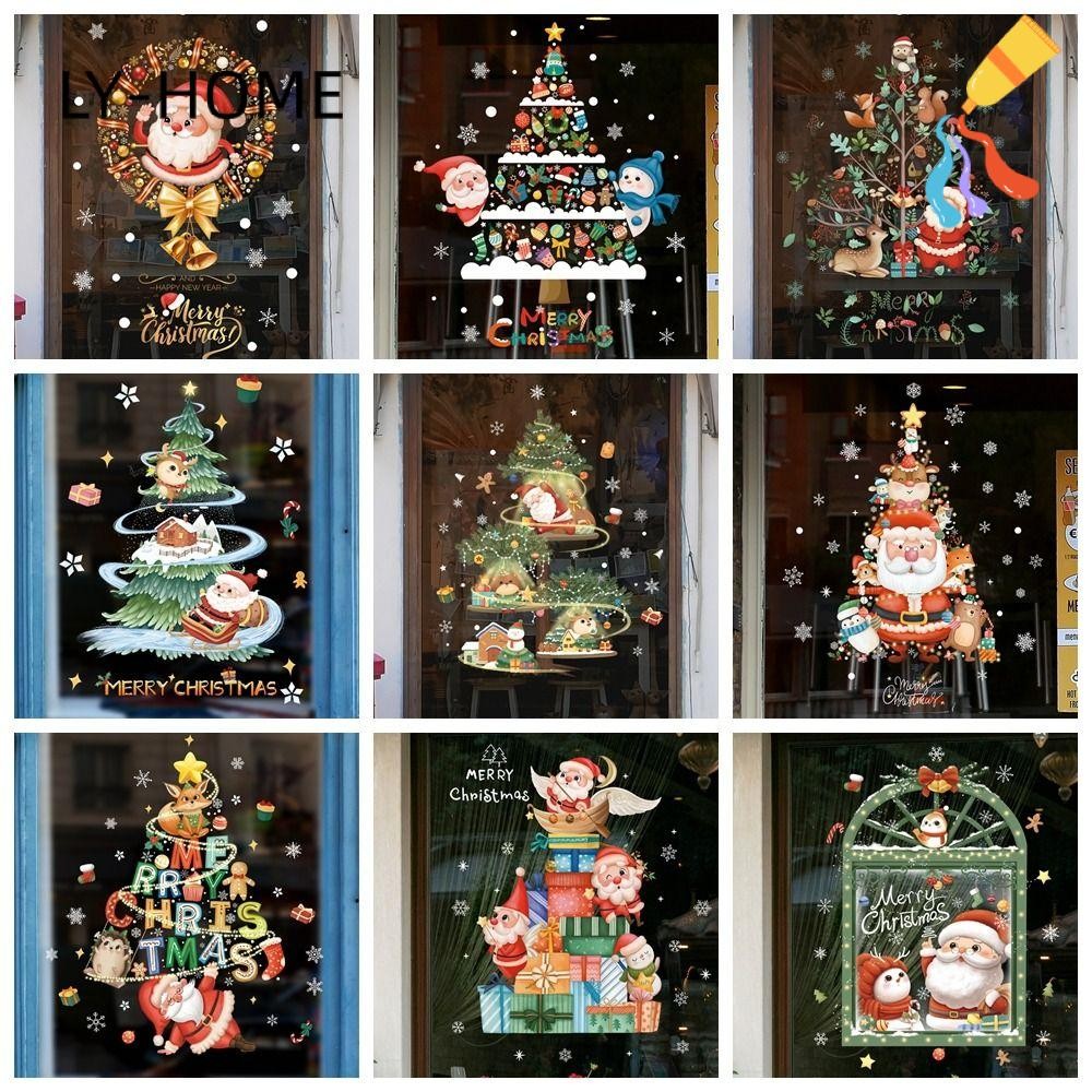 Ly สติกเกอร์กระจกคริสต์มาส,การ์ตูนไฟฟ้าสถิต Santa Clause Shopwindow Decals,ของขวัญ DIY Party Supplies Snowman Snowflake Reindeer สติกเกอร์หน้าต่างคริสต์มาส