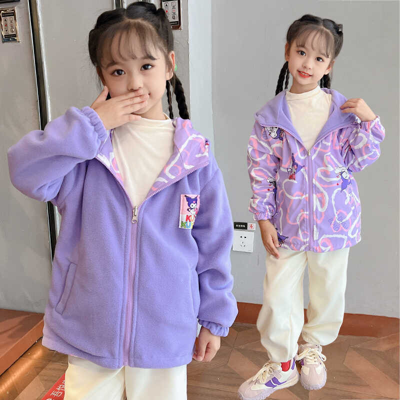 Kuromi Girls Double-Sided Hooded Top ขนแกะซับเสื้อแจ็คเก็ตกันลม Casual