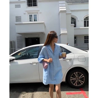 Dahong w520 เสื้อเชิ้ตยาวเกาหลี เรียบๆ oversize แขนยาวสีพื้น ผ้าลินินบุซับ คอวีแซมลูกไม้ ชายลูกไม้ มีกระเป๋า