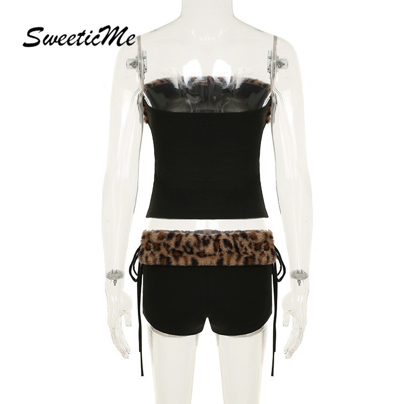 SweeticMe ผู้หญิงใหม่แฟชั่นเซ็กซี่ Street Tube Tops ต่ําเอว Slim Fit Contrast สีเสือดาวกางเกงขาสั้นชุด — صورة 7
