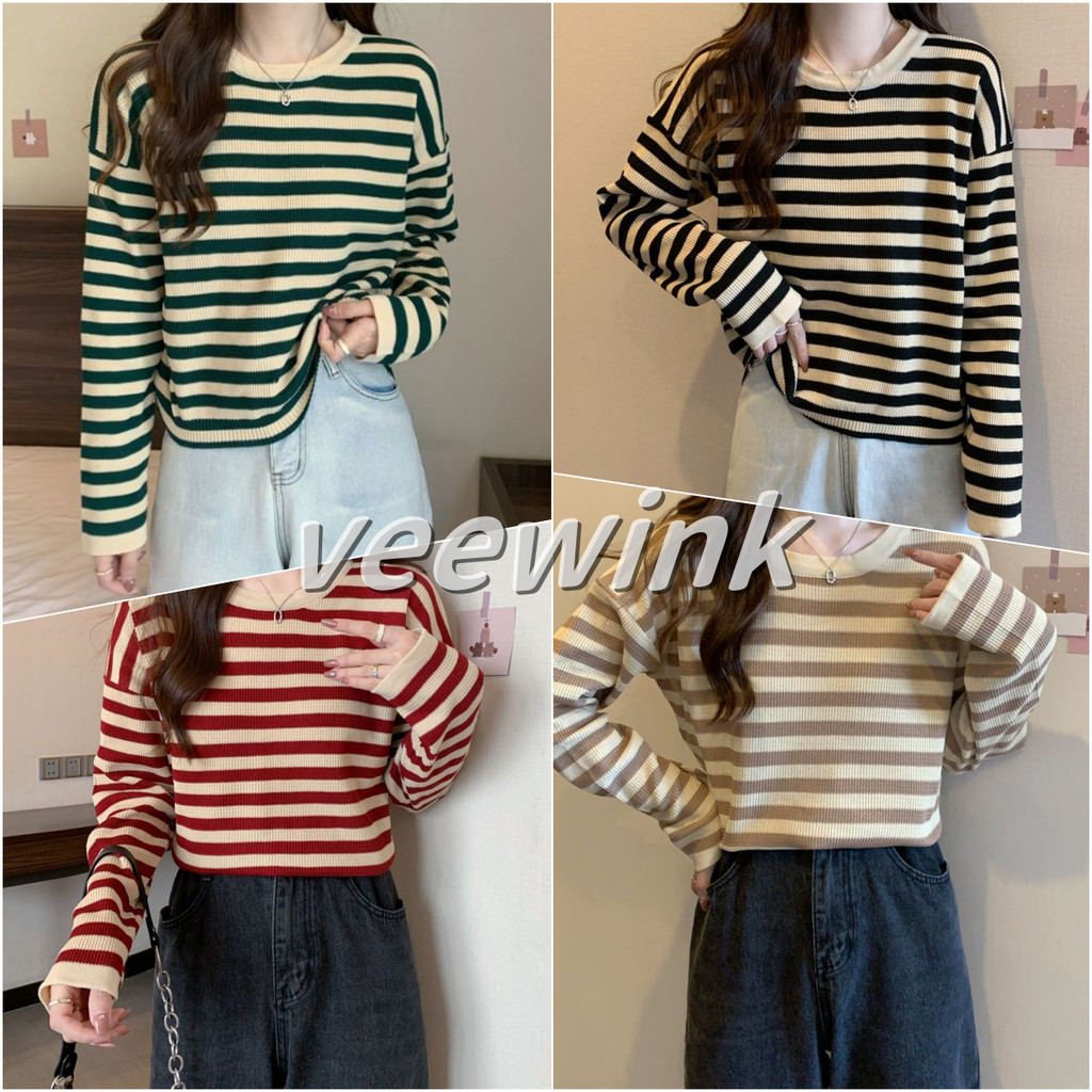 Veewink พร้อมส่งจากกทม เสื้อเชิ้ตลายทาง คอกลม  คุณภาพดีสวมใส่สบาย เสื้อไหมพรมแขนยาวสีแดง 4สี