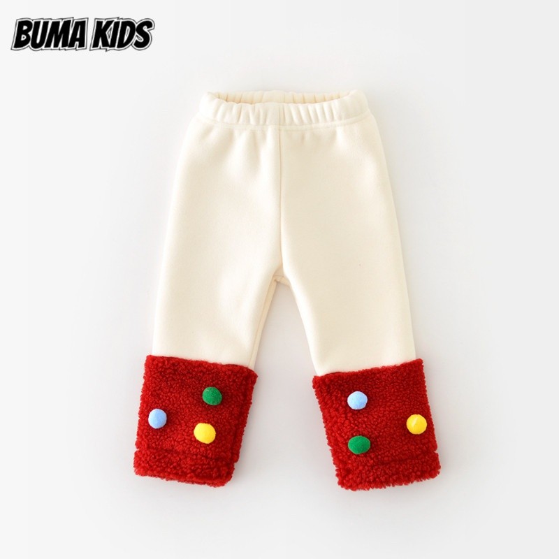 Buma KIDS กางเกงคริสต์มาสสําหรับเด็ก กางเกงระบายความร้อนตกแต่งแฮร์บอลสีประกบสําหรับเด็ก