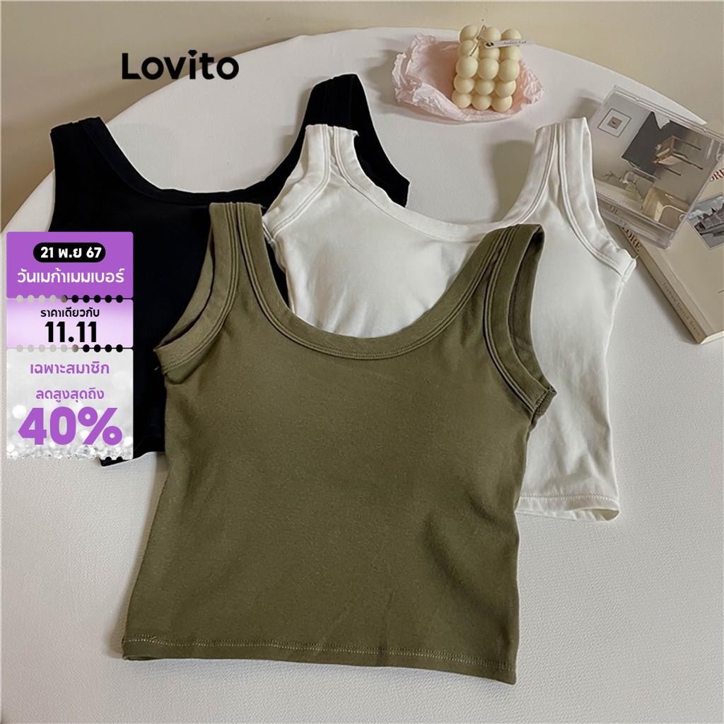 Lovito เสื้อกล้ามผู้หญิง คอกลม สีพื้น สไตล์ลำลอง LNE34040 (สีขาว/ดำ)