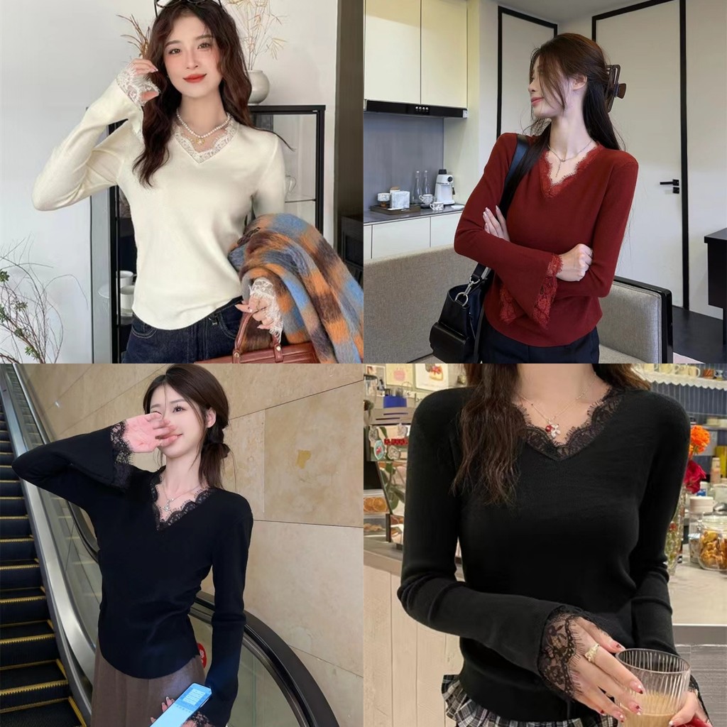 Evelyn เสื้อไหมพรม คอวี ผ้าร่อง รอบลูกไม้ เสื้อแขนยาว ปลายปล่อย ใส่สบาย สไตล์ลำลอง#Z-YD02