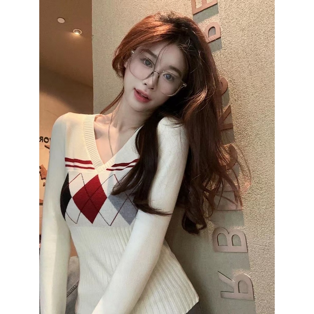 ฤดูใบไม้ร่วงเกาหลีรุ่นretroอารมณ์สาวร้อนslimแฟชั่นrhombus Vคอยาวแขนยาวถักเสื้อกันหนาวผู้หญิง