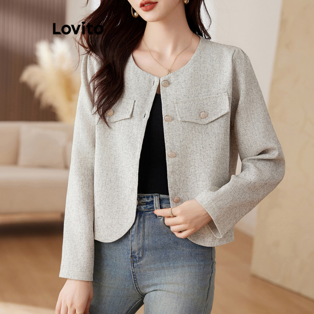 Lovito เบลเซอร์ผู้หญิง มีกระดุม สีพื้น หรูหรา LNA30077 (สีเทา / สีดำ)