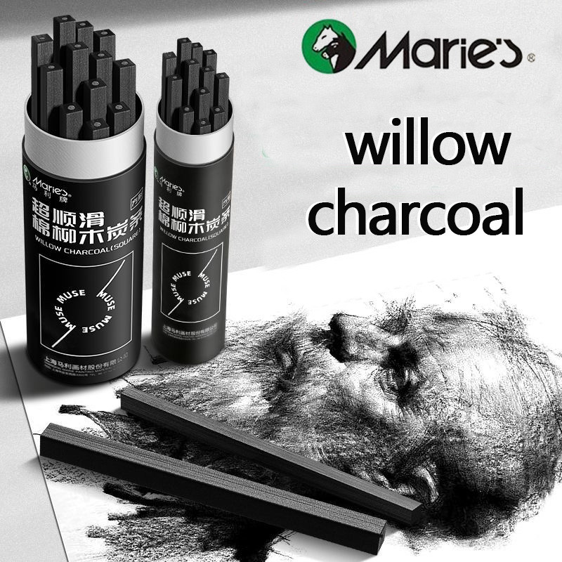 Maries Square Cotton แถบถ่านหวายพิเศษสําหรับนักเรียนศิลปะ Sketch ปากกาถ่านสีดําเข้ม Sketch จิตรกรรมฐานถ่าน Stick Art Supplies ภาพวาด