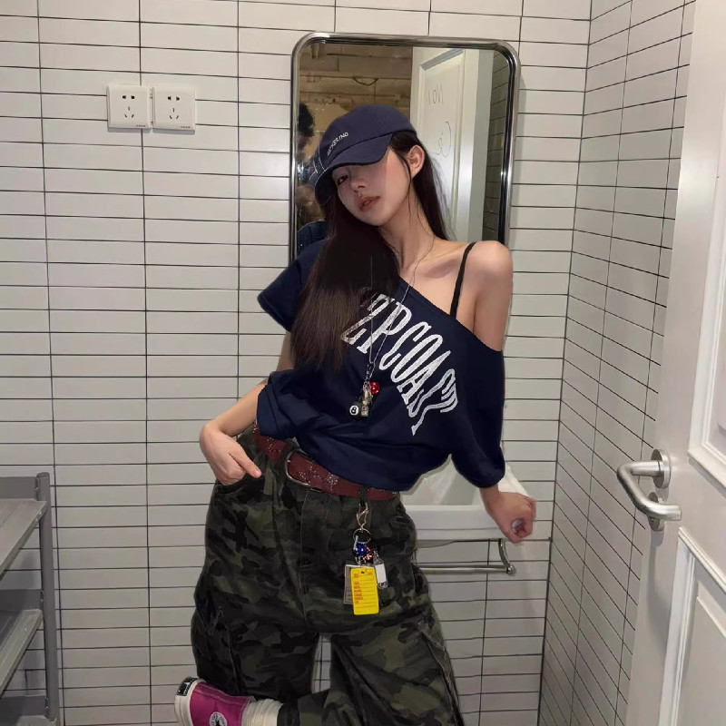 Solovely ผู้หญิง สไตล์เกาหลี ผ้าฝ้าย เสื้อตัวบน พิมพ์ลาย ไหล่เดียว หลวม เสื้อยืด