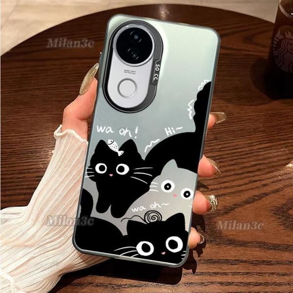 เคส Vivo V50 V40 Y200 V30 V29 V27 เคส Vivo V40 V30 V27 Pro เคส Vivo V50 V40 Lite แมวดำน่ารักสไตล์ Ins เคสโทรศัพท์แบบด้านกันกระแทกแบบแข็งพร้อมปุ่มชุบ IMD เคสโทรศัพท์
