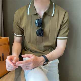 Hanlu สไตล์ฮ่องกงเสื้อโปโลปกผู้ชายแขนสั้นอินเทรนด์เสื้อยืดหล…