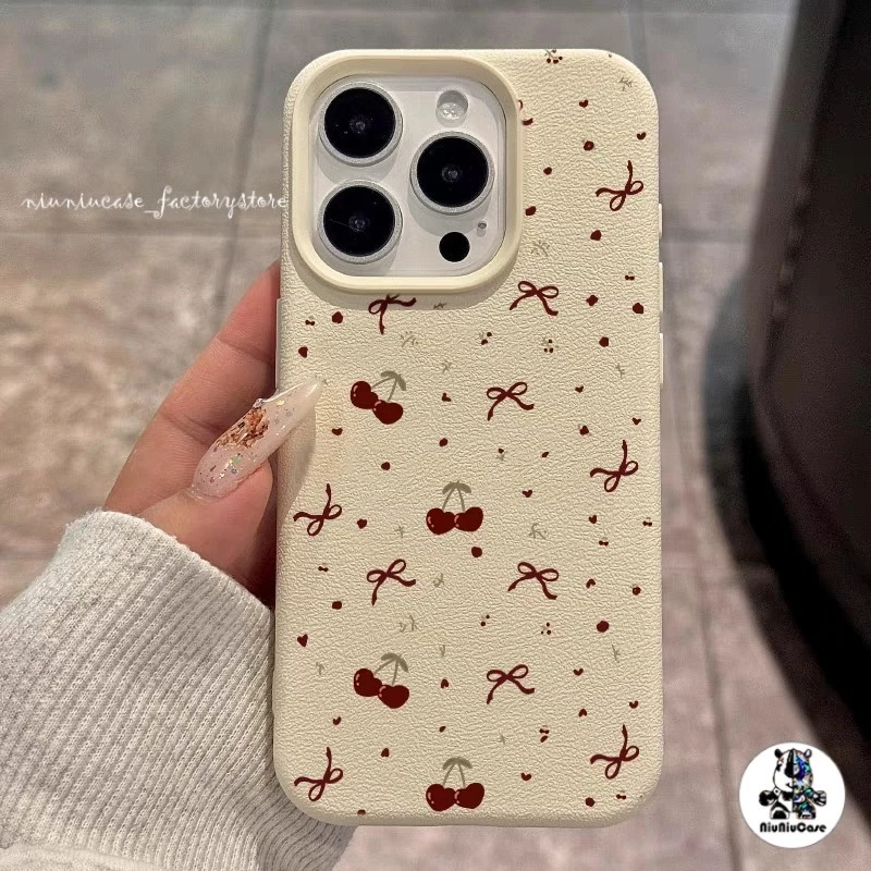 เคส For iPhone 13 เคสหนังเนื้อนิ่มสีแคนดี้ TPU เชอร์รี่น้อยน่ารัก For iPhone 11 15 14 13 12 16 Pro Max X XS XR 7 8 Plus