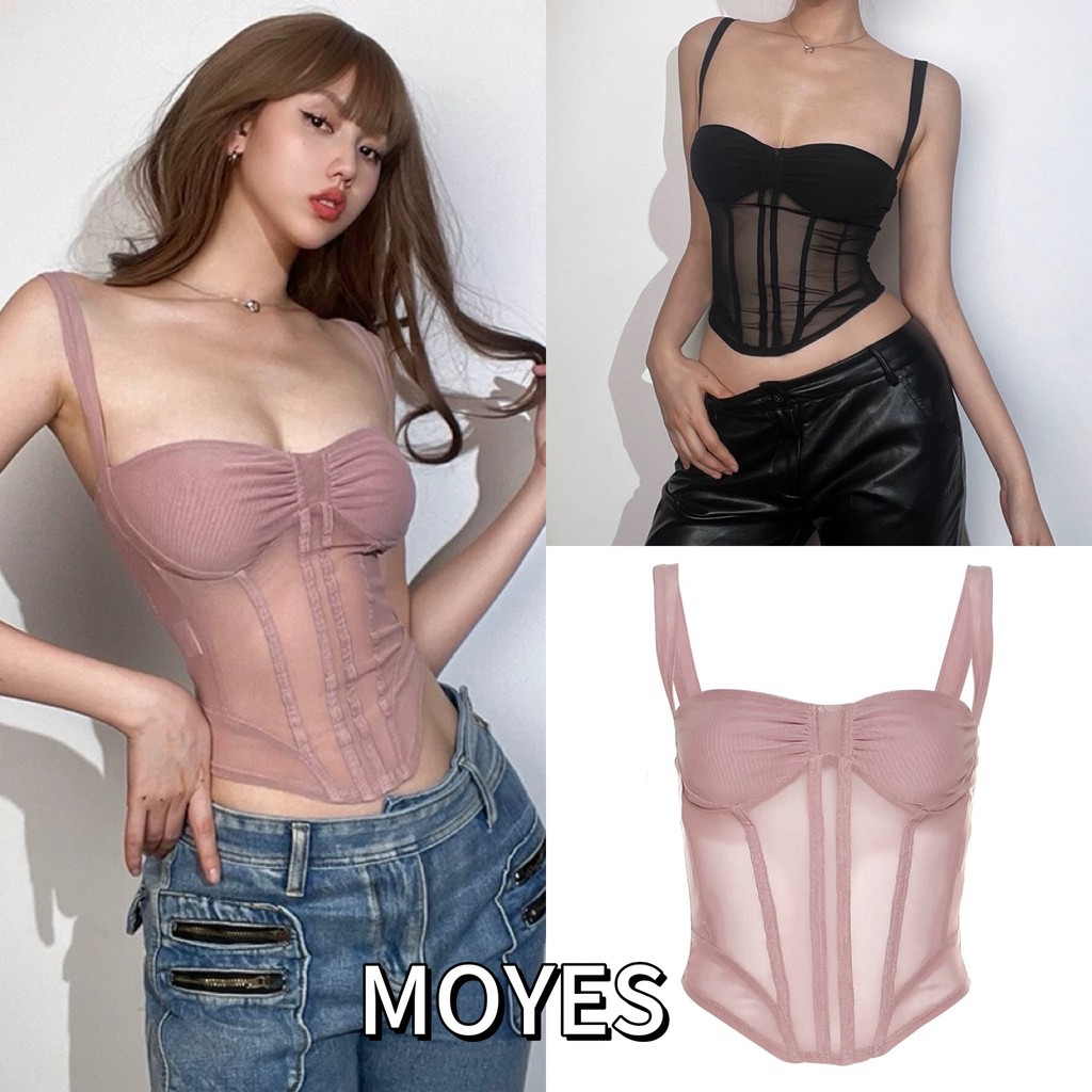 MOYES 🔥ในสต็อก🎀สไตล์ยุโรปและอเมริกาแฟชั่นเอวยางยืดกระชับสัดส่วนและเสื้อแขวนด้านบนตาข่ายดูผ่านเซ็กซี่
