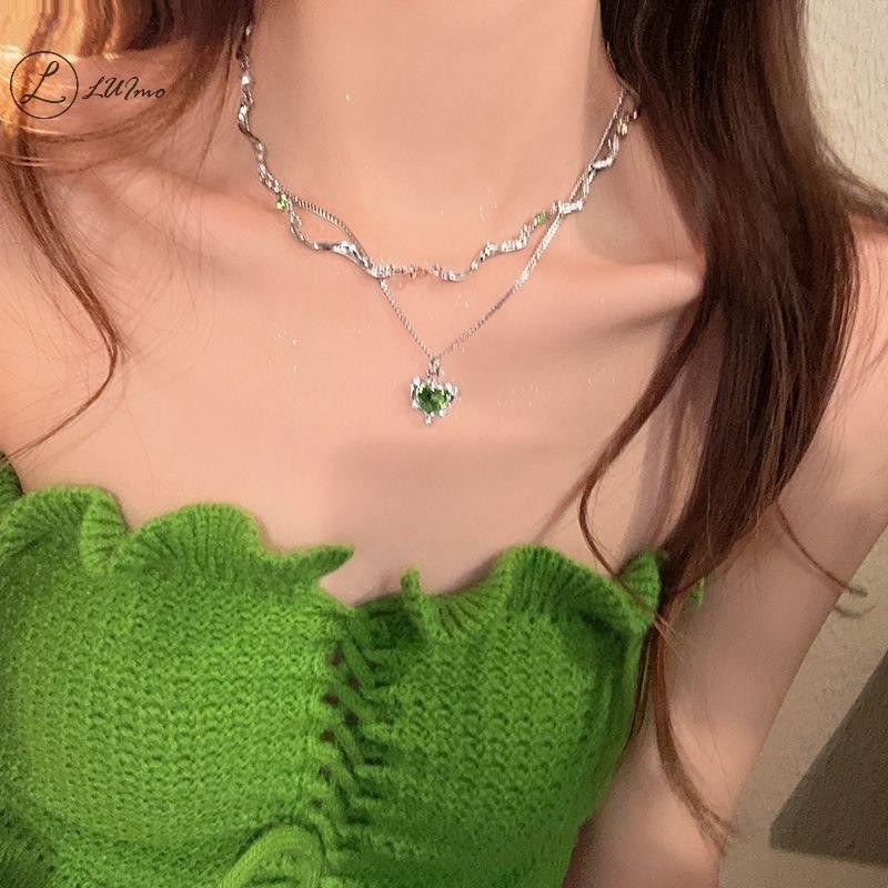 ลูอิโมะ หวานหรูหราสีเขียวหัวใจจี้สร้อยคอสองชั้นโซ่กระดูกไหปลาร้าสําหรับผู้หญิงสาวแฟชั่นประณีตสร้อยคอเครื่องประดับของขวัญใ – โปรปัง