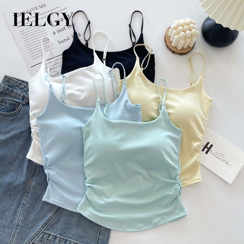 IELGY เสื้อกั๊กสายเดี่ยวสีน้ําเงินพร้อมแผ่นรองหน้าอกเสื้อทรงสลิมฟิตสําหรับผู้หญิง