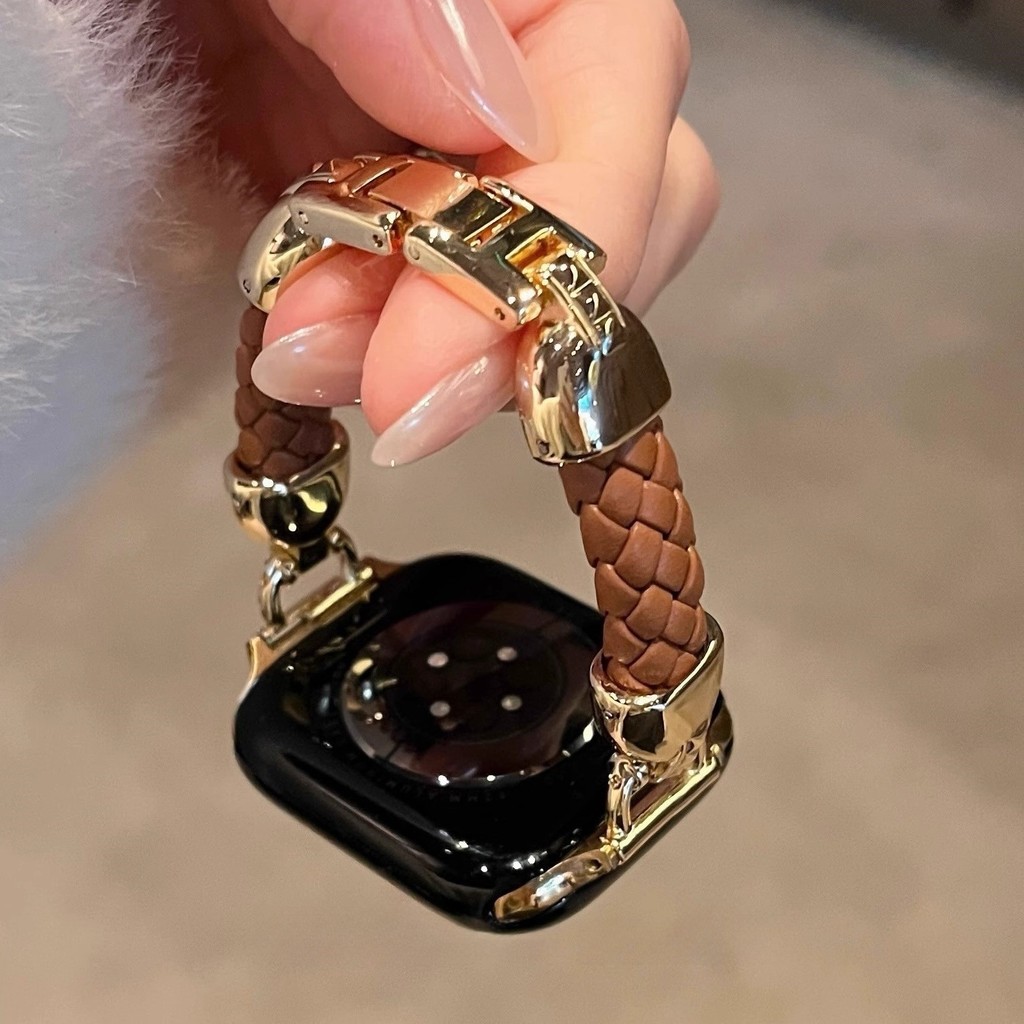 สายนาฬิกาแบบบางหนังแท้สุดหรูพร้อมเชือกถัก สายคาดเอวเล็กสุดเท่สำหรับ Apple Watch Series 10 9 7 8 Ultra SE 6 5 4 3 42/46 มม. 41 มม. 45 มม. 49 มม. 40 มม. 44 มม. สายรัดโลหะ