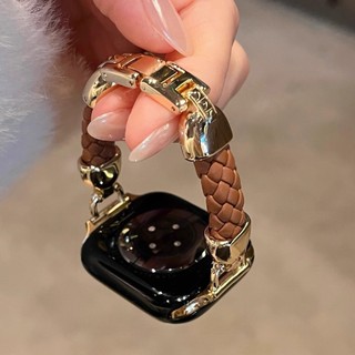 สายนาฬิกาแบบบางหนังแท้สุดหรูพร้อมเชือกถัก สายคาดเอวเล็กสุดเท่สำหรับ Apple Watch Series 10 9 7 8 Ultra SE 6 5 4 3 42/46 มม. 41 มม. 45 มม. 49 มม. 40 มม. 44 มม. สายรัดโลหะ