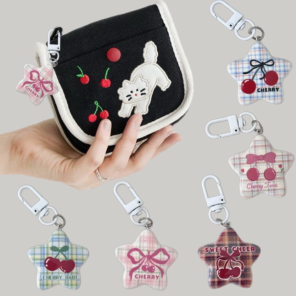 Sweet Cherry Pentagram Star จี้พวงกุญแจพวงกุญแจรถสําหรับผู้หญิงสาวอเนกประสงค์กระเป๋าเป้สะพายหลังอุปกรณ์ตกแต่งของขวัญ