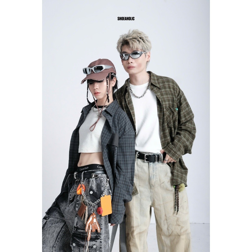 (URBAN HEAT) OVERSIZE STREETSTYLE BLUE BLUE FLANNELS SHIRT