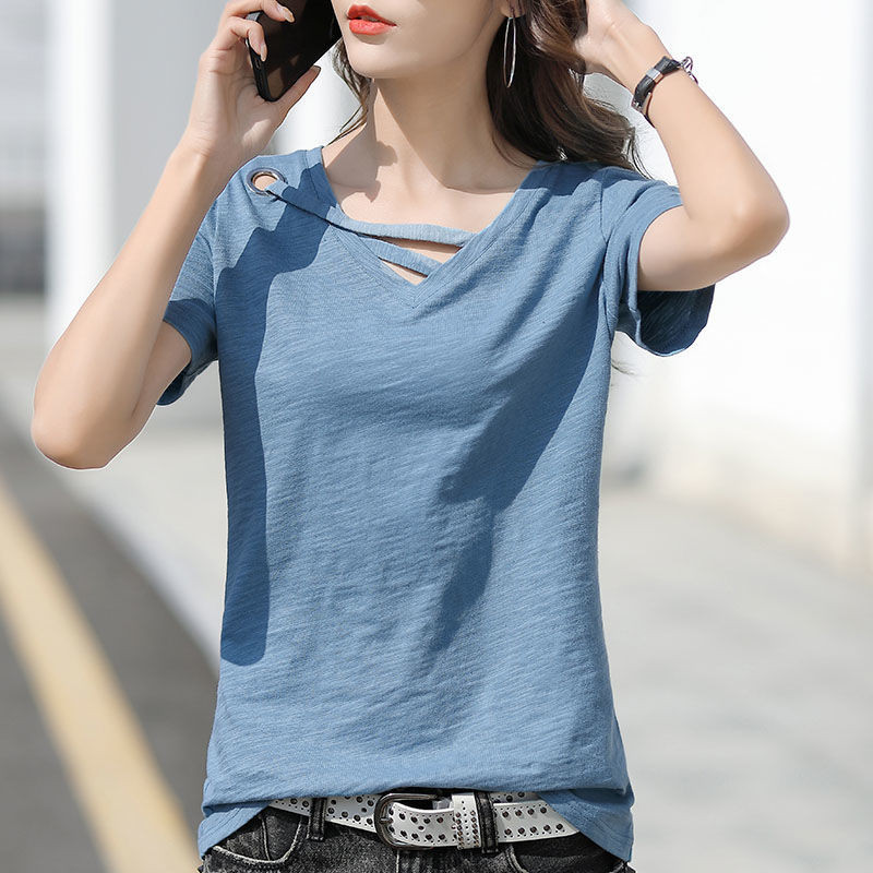 เสื้อผ้าผู้หญิงเสื้อยืดด้านบนเดี่ยว/สองชิ้นSlubผ้าฝ้ายแขนสั้นเสื้อยืดผู้หญิงเกาหลีรุ่นVคอสีทึบAll-Ma