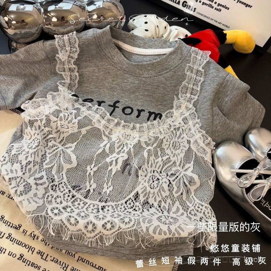 ท็อปผ้าฝ้ายสำหรับเด็กผู้หญิง แขนสั้นลูกไม้ฤดูร้อน เสื้อยืดเด็กใหญ่สองชิ้นปลอม