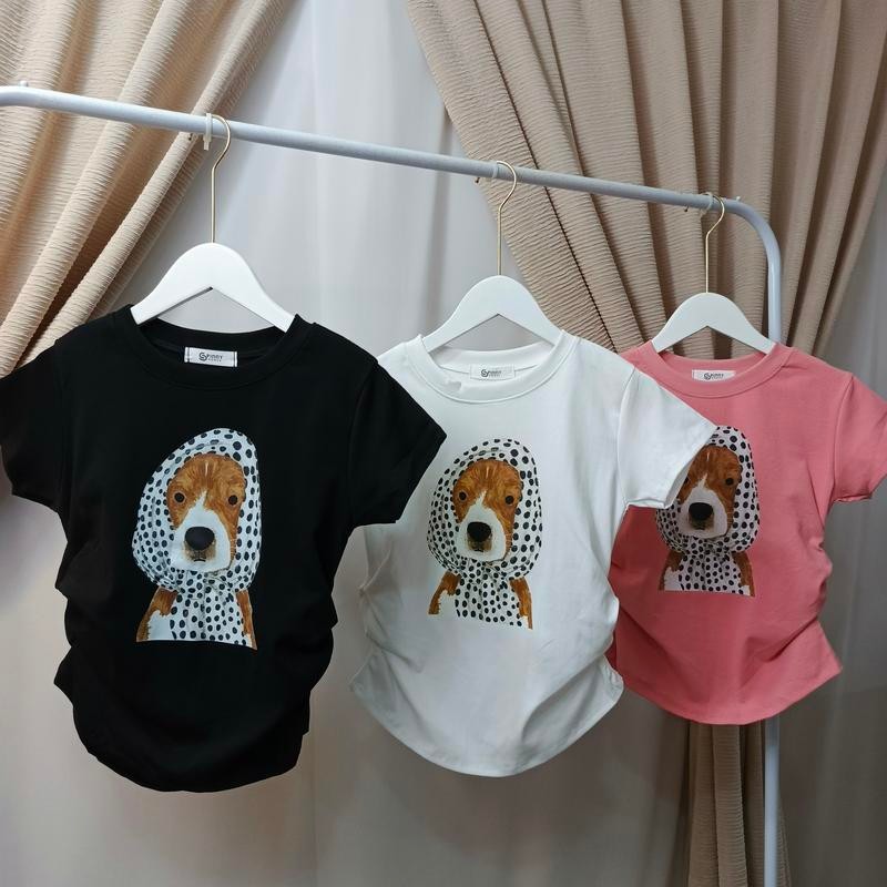 เสื้อยืดเข้ารูป ผ้ายืดยูนิยืดเยอะมาก สาวอวบใส่ได้ สกรีนลายน้องหมาผ้าคลุม ผ้านิ่มใส่สบาย ใส่เที่ยว สายคาเฟ่ต้องมี