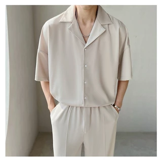 ACHSAWAKE เสื้อเชิ้ตผู้ชาย ทรงหลวม แขนสั้น เทรนด์ผ้าไหมน้ำแข็งขั้นสูง